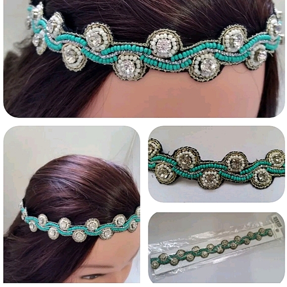 Boho Crystal & Turquoise Seed Bead Headband - Picture 8 of 16
